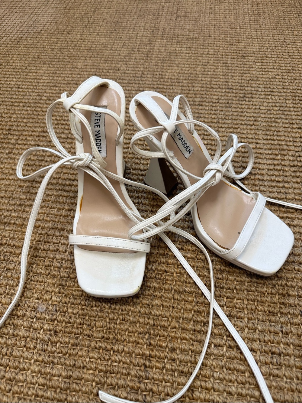 Steve Madden White Lace-Up Square Toe Block Heel Sandals